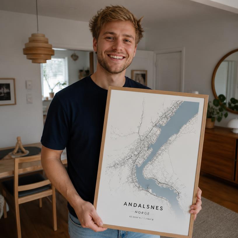 Mikael, grunnlegger av Alt i Print, holder en kartplakat